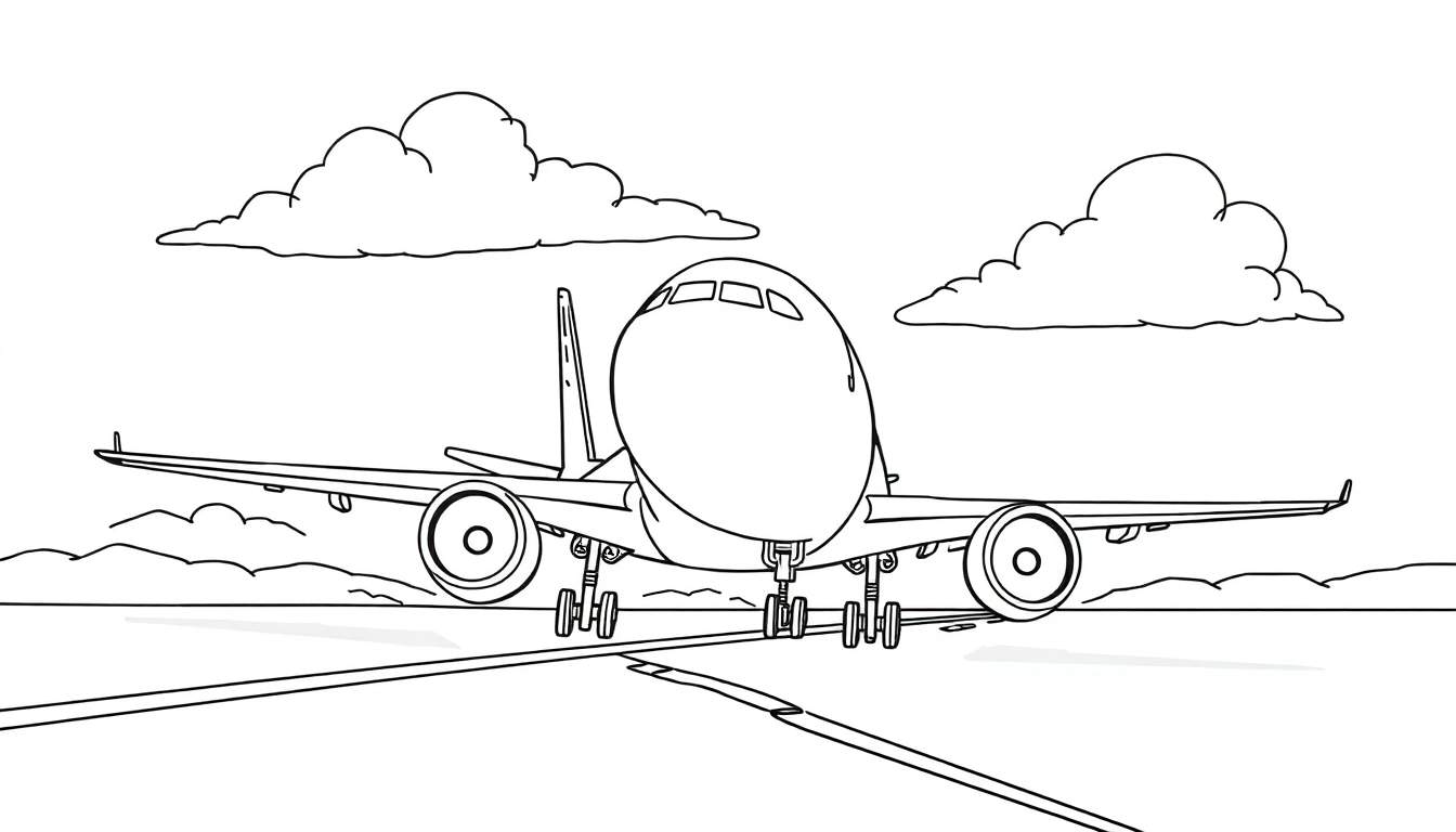 Un avion de dessin animé avec des nuages et des collines en arrière-plan, prêt pour le coloriage.