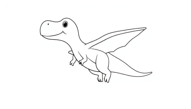 Dessin noir et blanc d'un mignon dinosaure ailé, prêt à être colorisé.