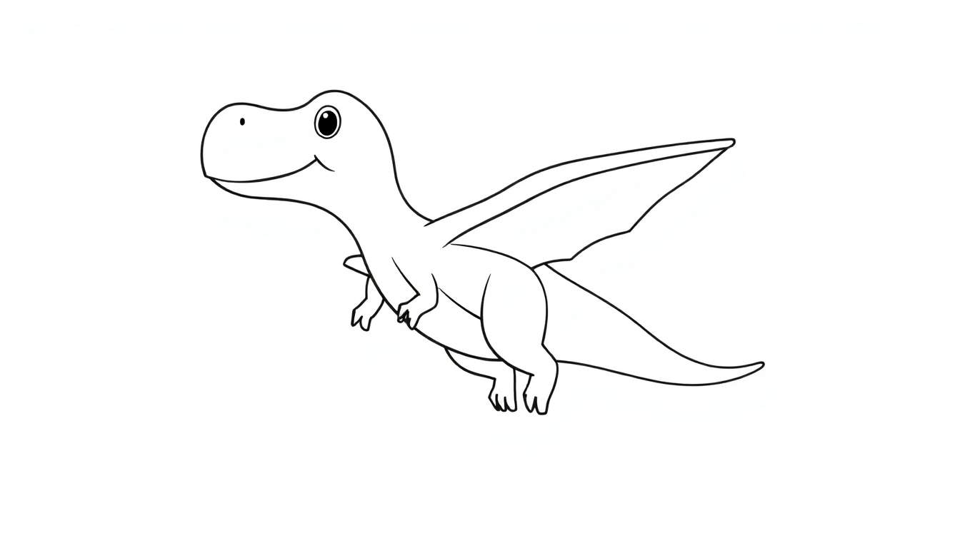 Dessin noir et blanc d'un mignon dinosaure ailé, prêt à être colorisé.