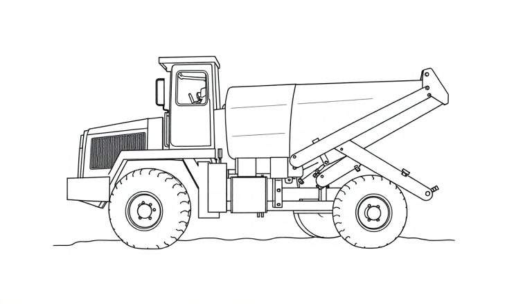 Dessin d'un camion à benne basculante hors route en noir et blanc, vu de profil.