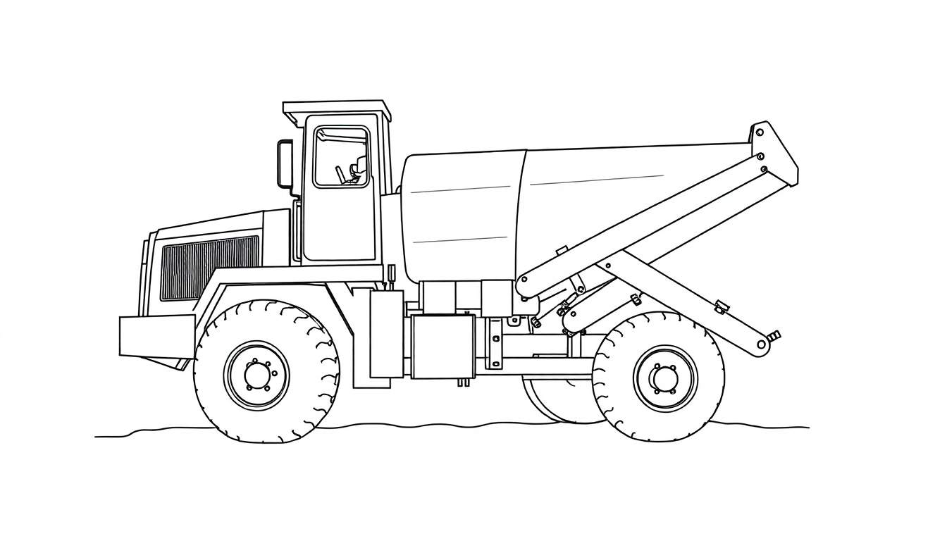 Dessin d'un camion à benne basculante hors route en noir et blanc, vu de profil.
