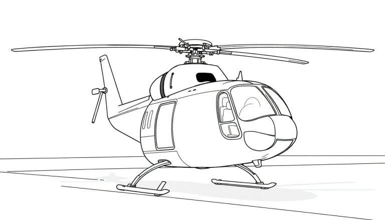 Un dessin animé d'hélicoptère noir et blanc sur une piste d'atterrissage, prêt à être colorié.