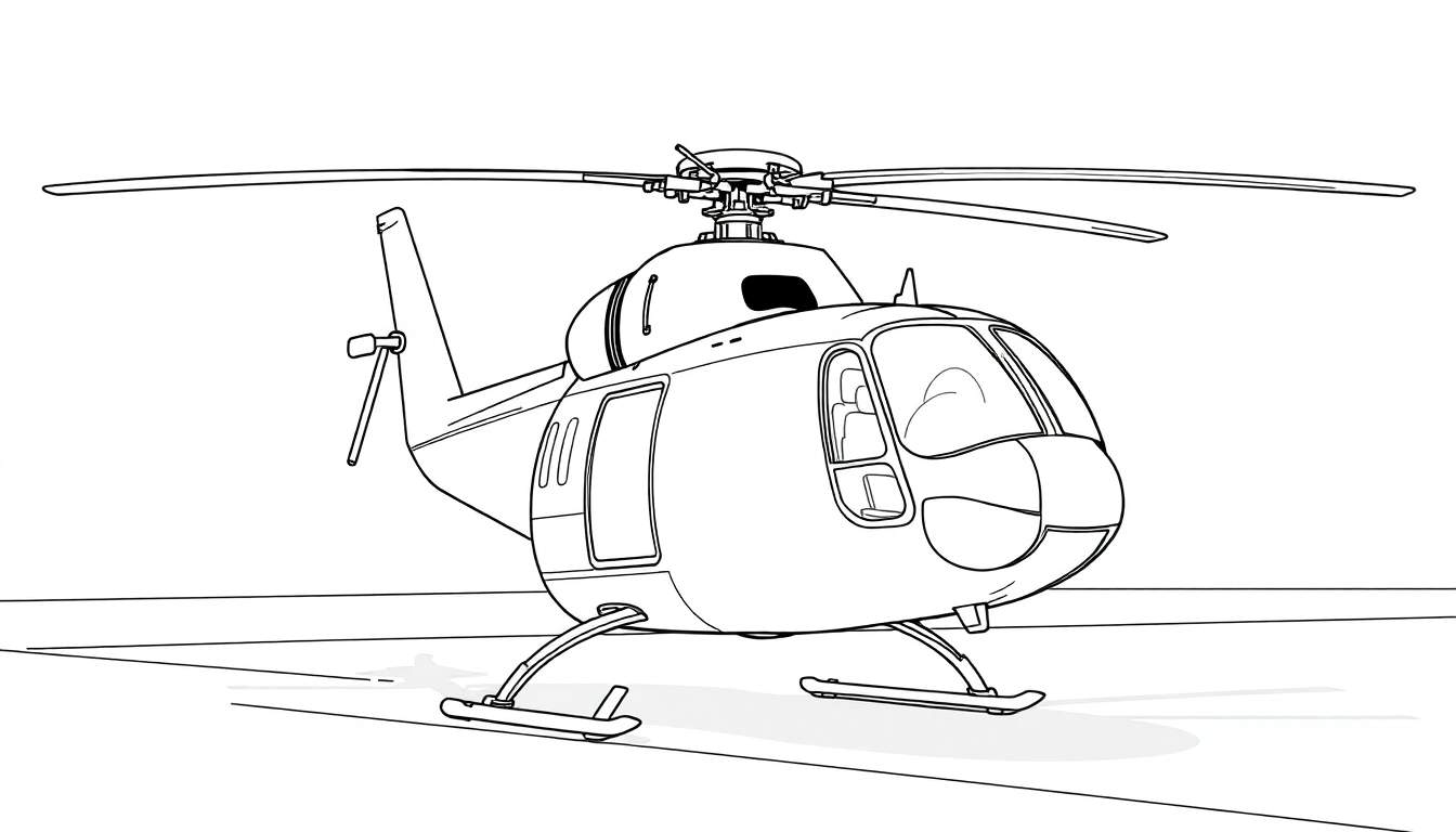 Un dessin animé d'hélicoptère noir et blanc sur une piste d'atterrissage, prêt à être colorié.