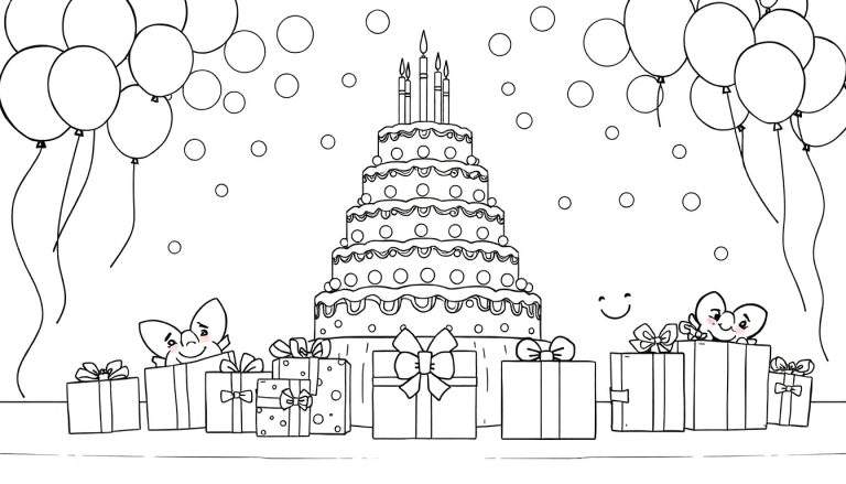 Dessin au trait d'un gâteau d'anniversaire festif avec bougies, ballons, cadeaux et deux créatures joyeuses. Ce color panel est prêt à être colorié.
