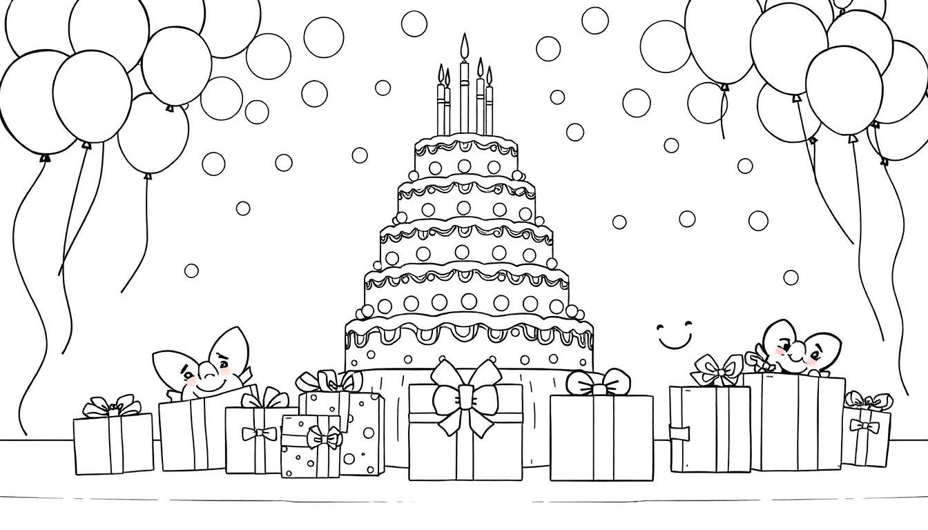 Dessin au trait d'un gâteau d'anniversaire festif avec bougies, ballons, cadeaux et deux créatures joyeuses. Ce color panel est prêt à être colorié.