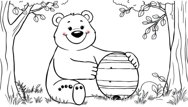 Dessin au trait d'un ours souriant assis dans une forêt tenant une ruche de miel, prêt à être colorisé par les enfants, un color panel.