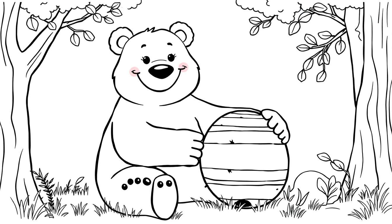 Dessin au trait d'un ours souriant assis dans une forêt tenant une ruche de miel, prêt à être colorisé par les enfants, un color panel.