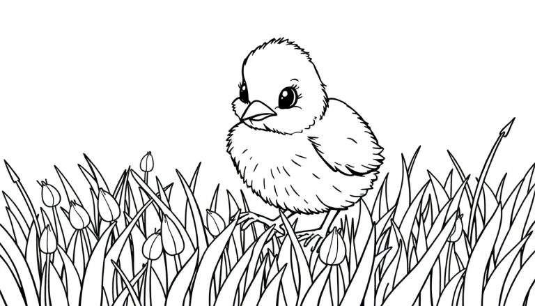 Poussin mignon dans un champ de tulipes