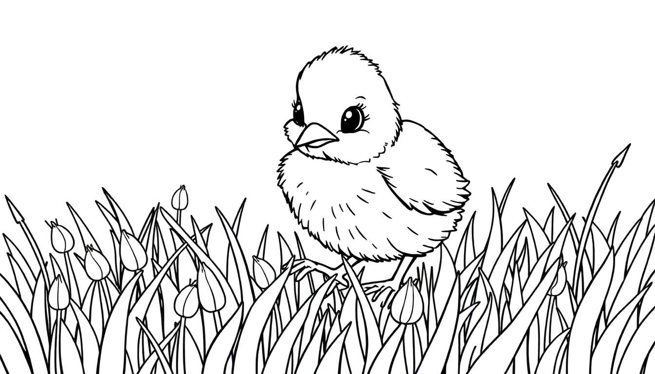 Poussin mignon dans un champ de tulipes