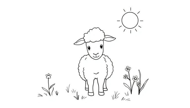 Un agneau au trait dans un pré ensoleillé, prêt pour le color panel.