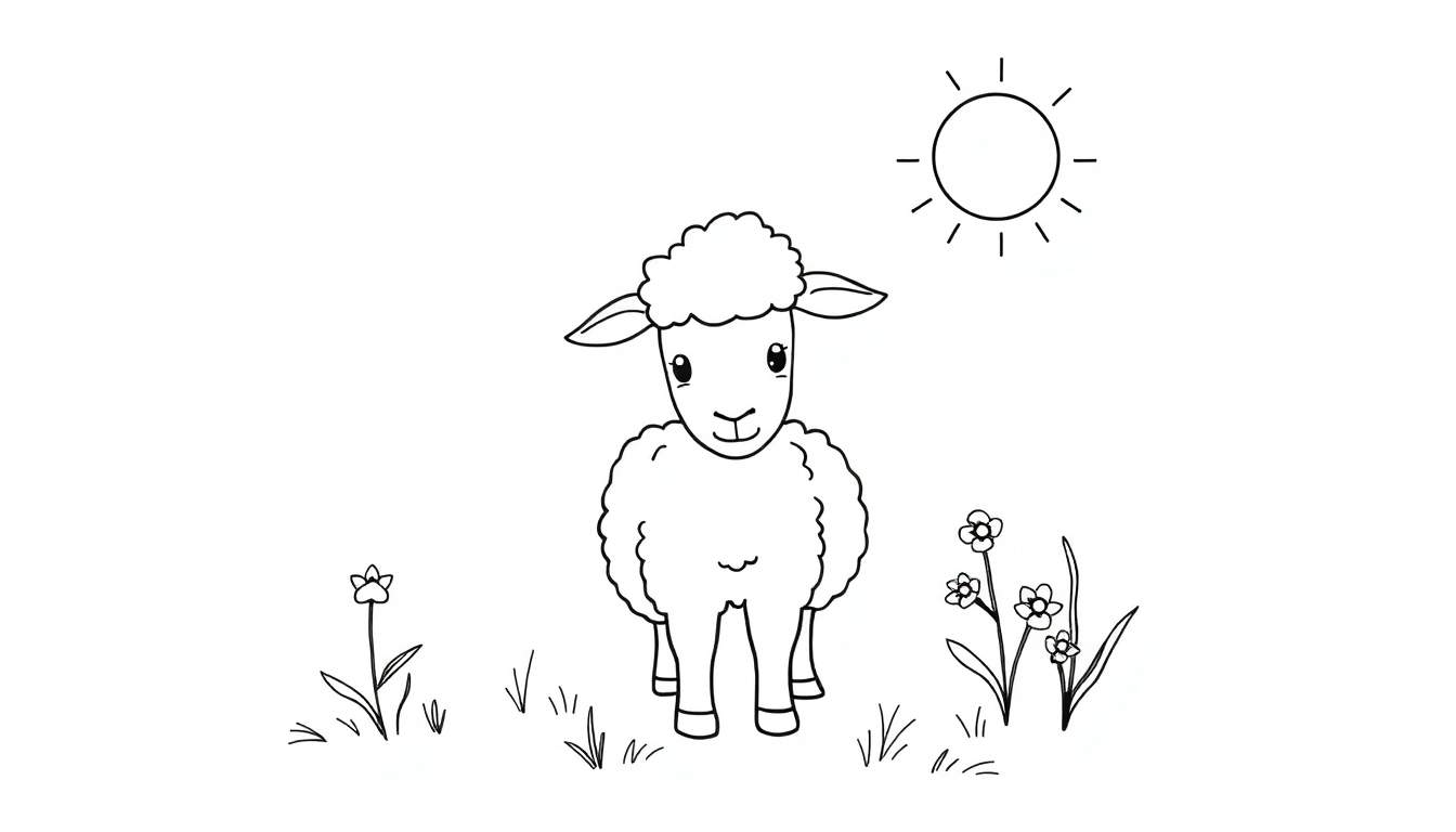 Un agneau au trait dans un pré ensoleillé, prêt pour le color panel.