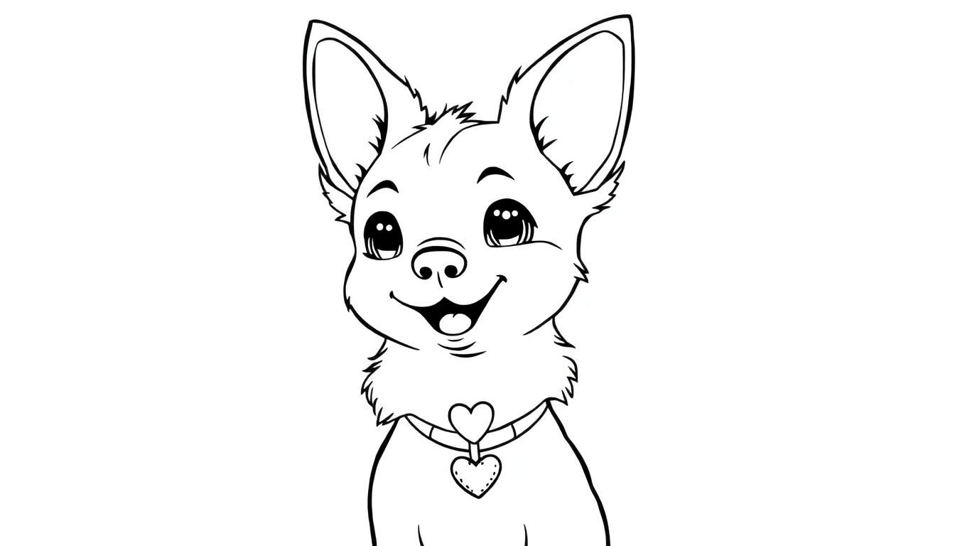 Dessin au trait d'un chiot mignon avec de grandes oreilles, de grands yeux brillants et un collier en forme de cœur, idéal pour un color panel.