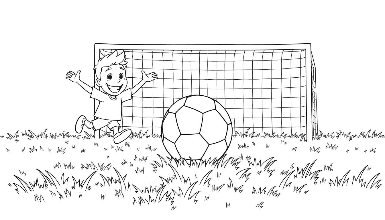 Dessin au trait noir et blanc d'un garçon joyeux à côté d'un ballon de football, prêt à jouer, avec un but derrière lui. Parfait pour un color panel pour enfants.