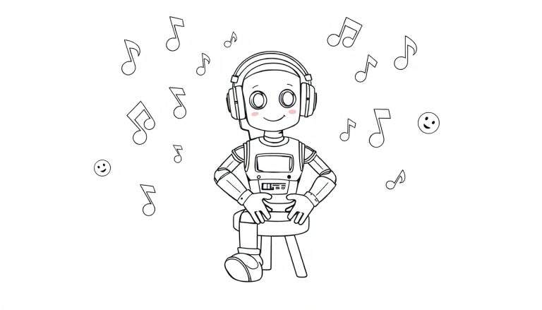 Un robot mignon aux joues roses et souriant, portant un casque, assis sur un tabouret avec des notes de musique flottantes, un petit smiley à proximité. Ce dessin au trait est parfait pour un color panel.