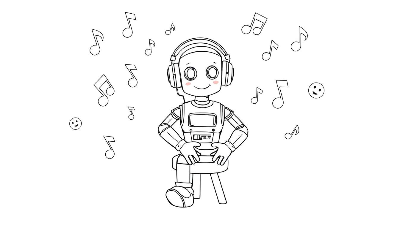 Un robot mignon aux joues roses et souriant, portant un casque, assis sur un tabouret avec des notes de musique flottantes, un petit smiley à proximité. Ce dessin au trait est parfait pour un color panel.