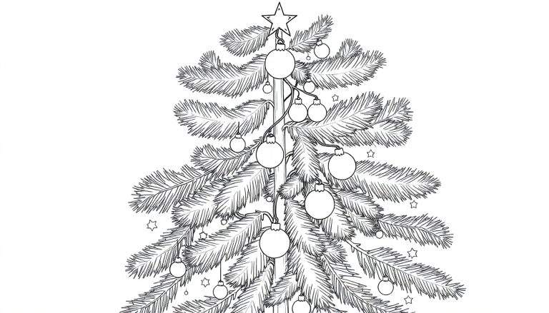 Dessin au trait d'un sapin de Noël décoré d'ornements ronds et d'une étoile, avec des petites étoiles parsemées.