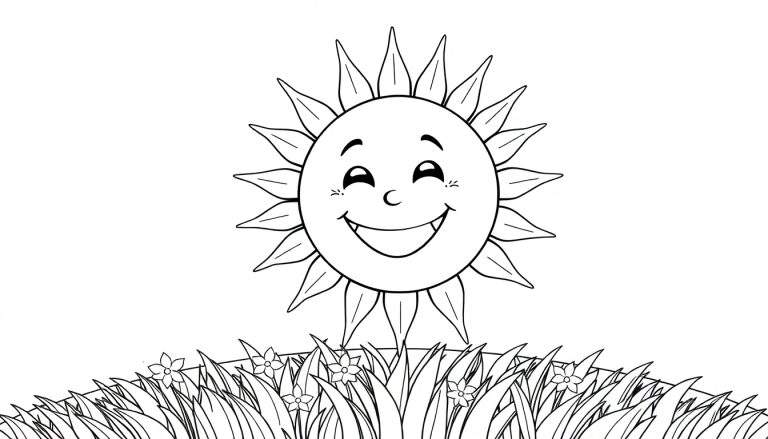 Un dessin enfantin d'un soleil souriant avec des rayons en forme de pétales, au-dessus d'un champ d'herbe et de fleurs. Un panneau de coloriage.