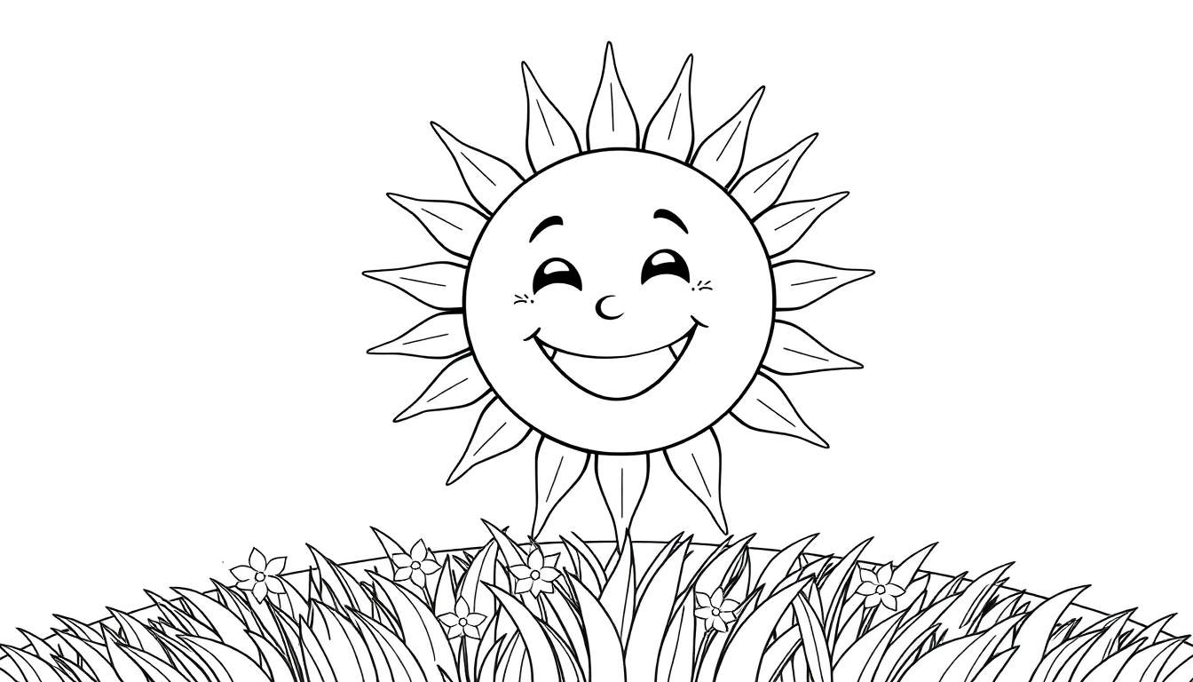 Un dessin enfantin d'un soleil souriant avec des rayons en forme de pétales, au-dessus d'un champ d'herbe et de fleurs. Un panneau de coloriage.