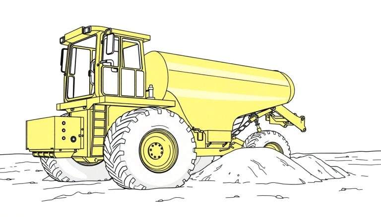 Camion-citerne jaune stylisé avec des lignes noires sur un fond blanc.