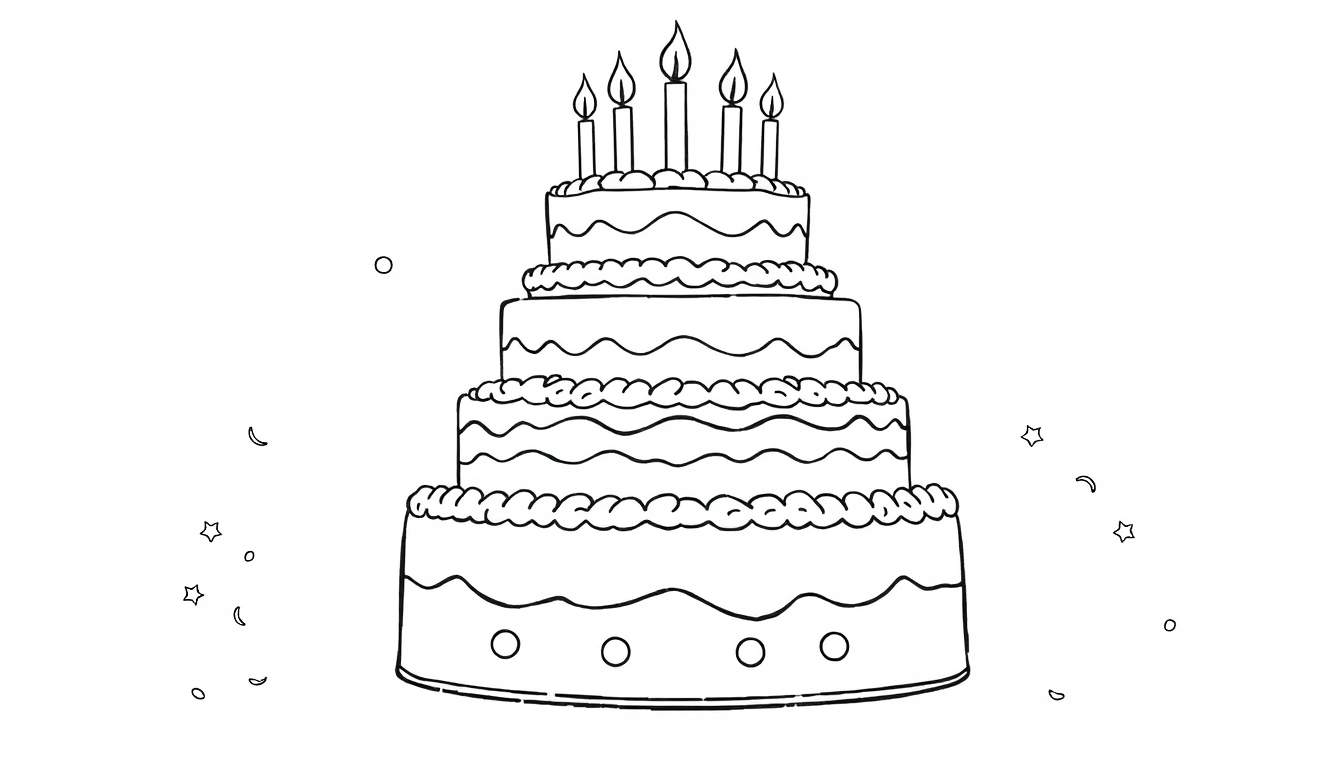 Un gâteau d'anniversaire à plusieurs étages, dessiné au trait, avec des bougies allumées et des décorations. Il y a des étoiles, des lunes et des cercles autour. Un color panel est inclus.