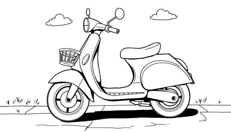Un scooter de dessin au trait avec un panier à l'avant, prêt à être coloré avec un color panel.