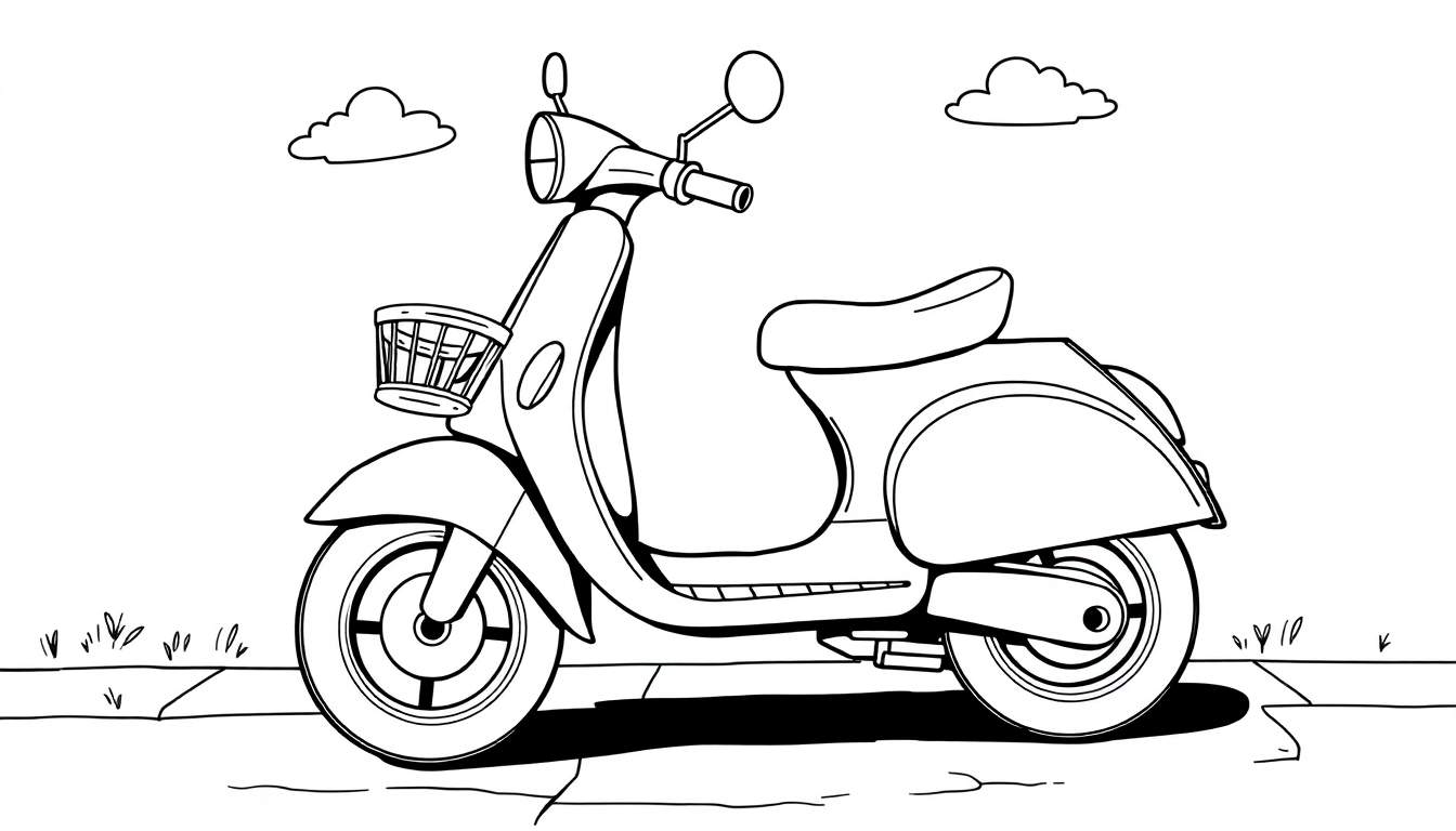 Un scooter de dessin au trait avec un panier à l'avant, prêt à être coloré avec un color panel.