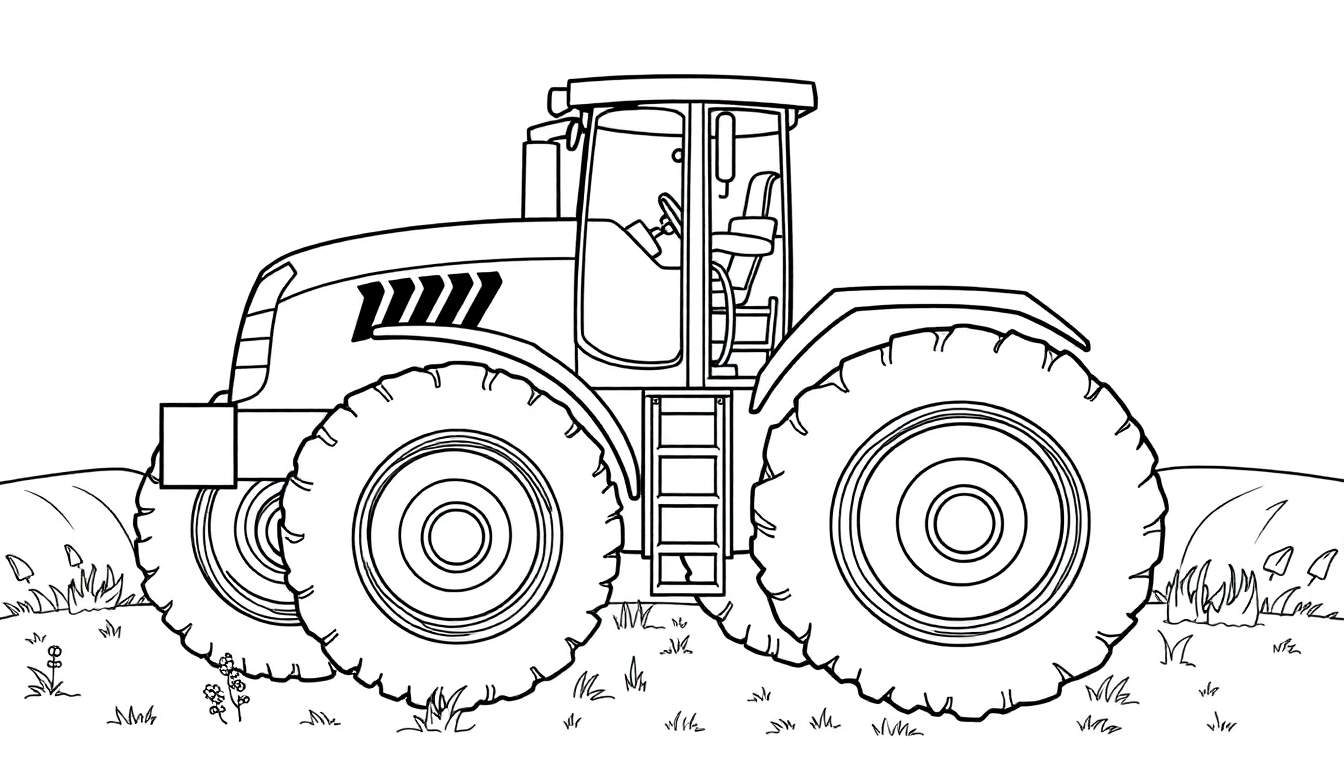 Dessin au trait d'un tracteur rouge avec de grandes roues, une cabine et de l'herbe autour, prêt à être colorié.