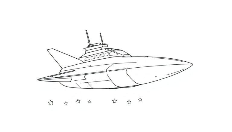 Dessin au trait d'un vaisseau spatial monoplan avec une aile et une queue, une cabine avec des fenêtres et deux antennes.