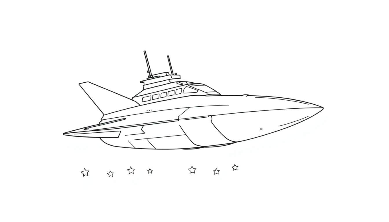 Dessin au trait d'un vaisseau spatial monoplan avec une aile et une queue, une cabine avec des fenêtres et deux antennes.