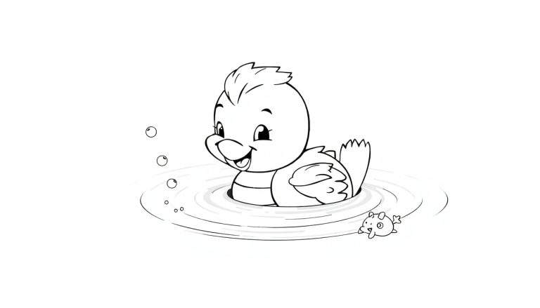 Dessin au trait d'un caneton mignon flottant avec des bulles et un petit poisson, prêt à être colorié dans un color panel.