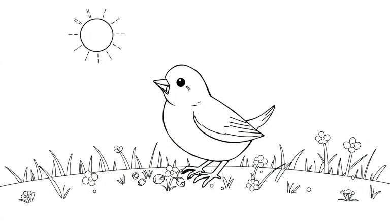 Illustration au trait d'un petit poussin jaune dans l'herbe sous un soleil radieux, style color panel.