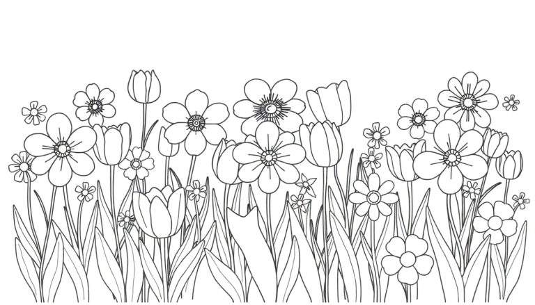 Un dessin au trait d'un jardin rempli de fleurs et de feuilles, un color panel.