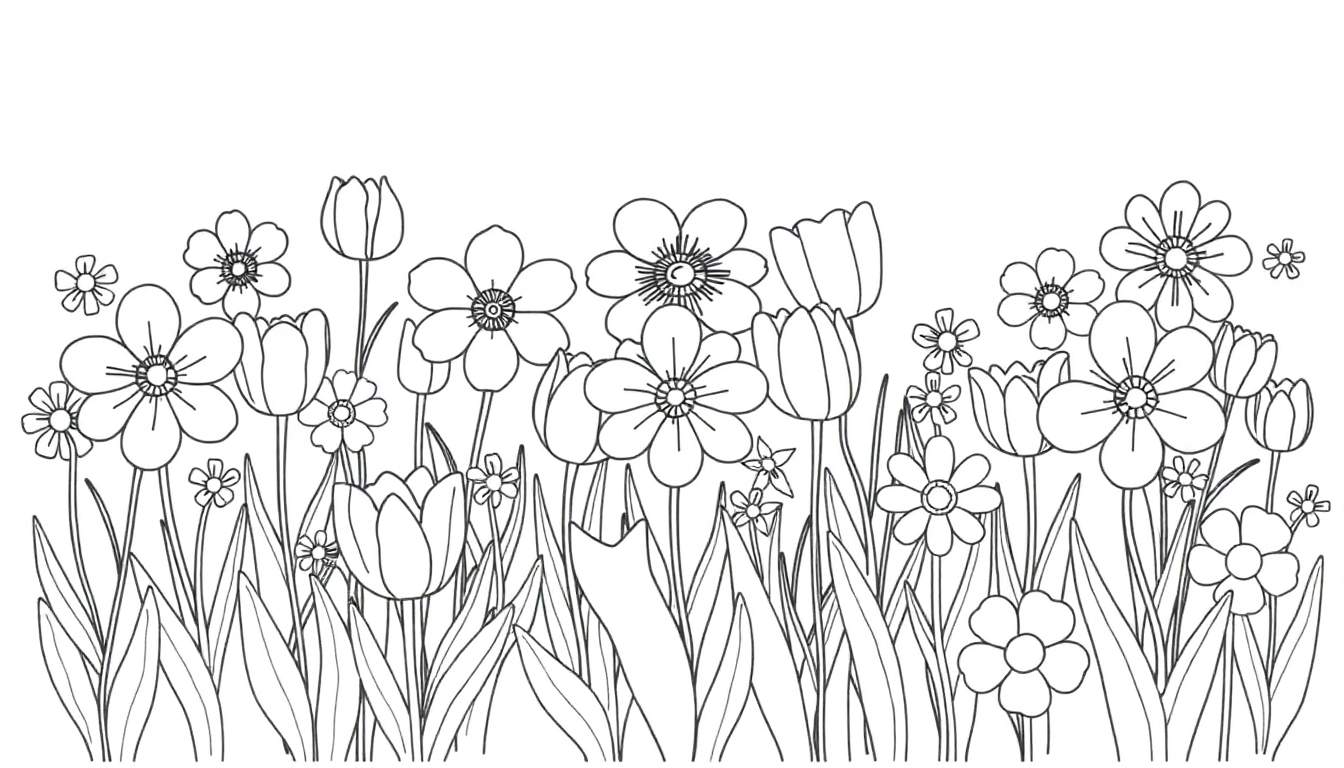 Un dessin au trait d'un jardin rempli de fleurs et de feuilles, un color panel.