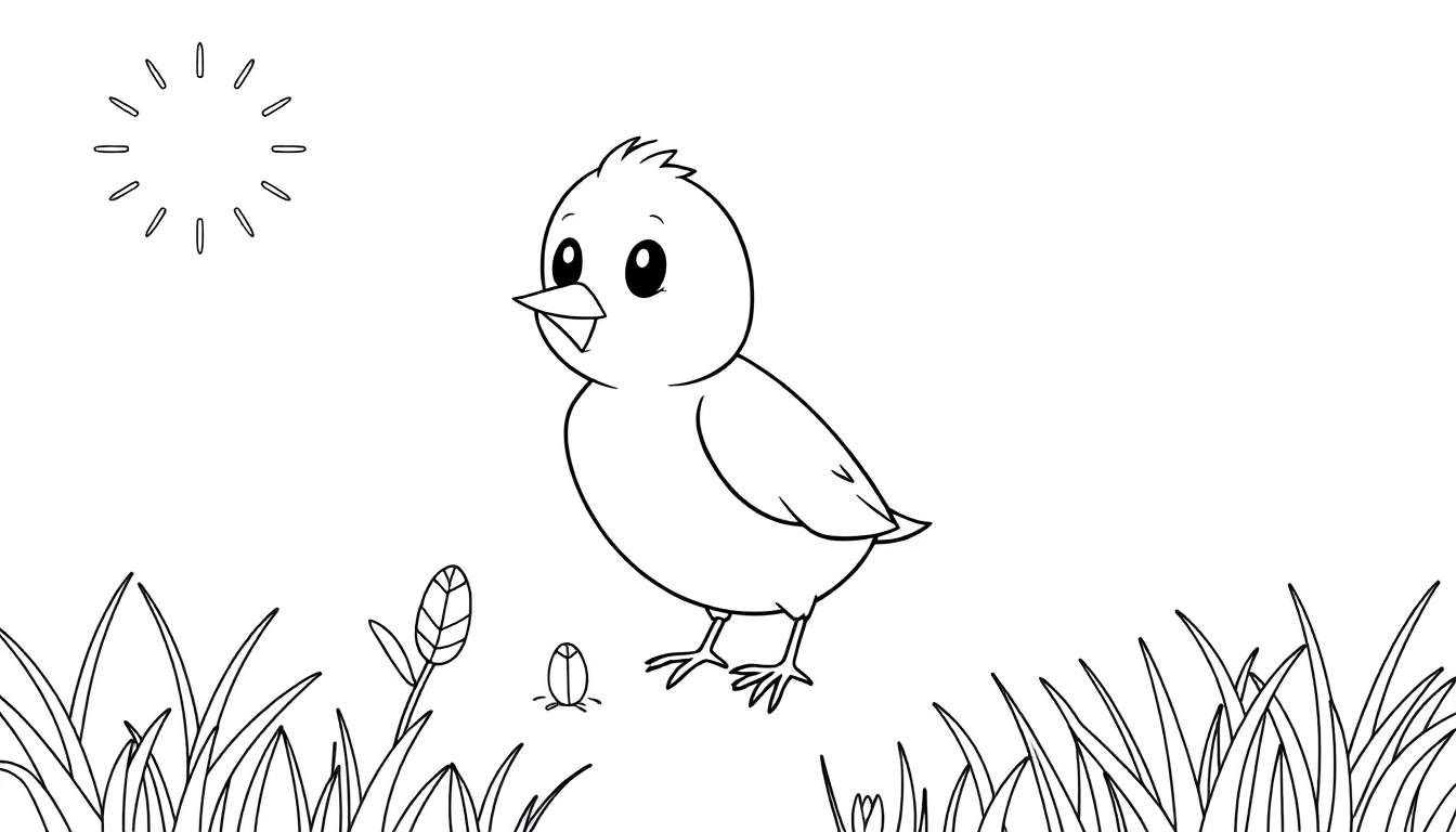 Poussin jaune joyeux dans l'herbe verte avec un soleil stylisé, prêt à être colorisé.