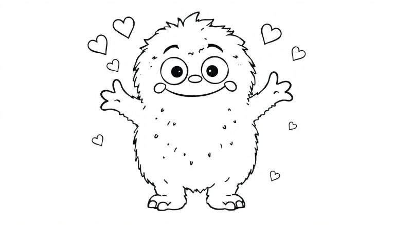 Un gentil monstre en peluche avec un corps rond, de grands yeux, un grand sourire et des bras tendus pour un câlin, entouré de cœurs.
