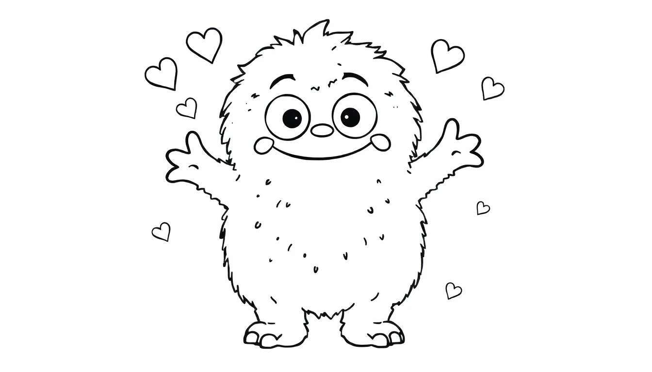 Un gentil monstre en peluche avec un corps rond, de grands yeux, un grand sourire et des bras tendus pour un câlin, entouré de cœurs.