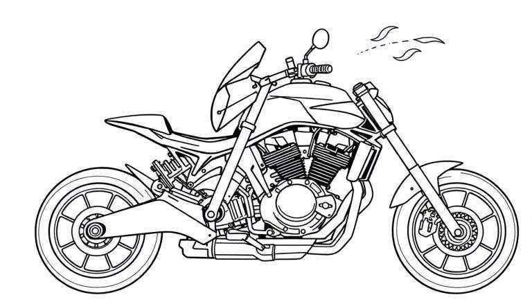 Dessin au trait d'une moto cruiser dans un panneau à colorier.