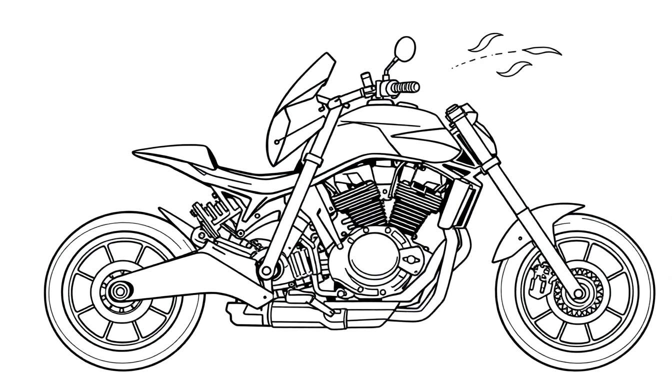 Dessin au trait d'une moto cruiser dans un panneau à colorier.