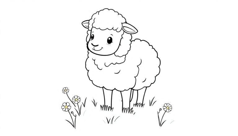 Un dessin simple et enfantin d'un mouton souriant avec une toison bouclée, debout dans l'herbe avec de petites fleurs blanches à cœur jaune. Ce color panel est prêt à être rempli de couleurs !