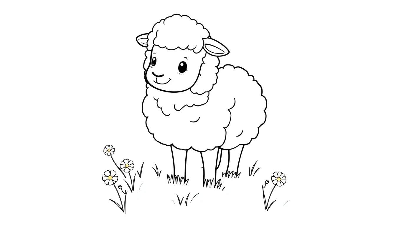 Un dessin simple et enfantin d'un mouton souriant avec une toison bouclée, debout dans l'herbe avec de petites fleurs blanches à cœur jaune. Ce color panel est prêt à être rempli de couleurs !