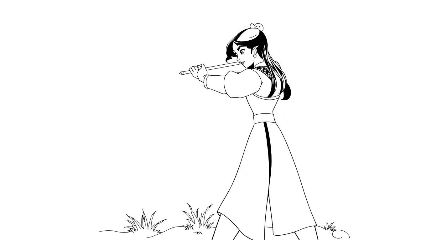 Mulan, une guerrière déterminée, tenant un bâton, prête pour l'action.