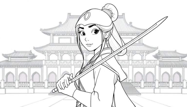Mulan tenant une épée devant un bâtiment asiatique, dessin au trait pour colorier.