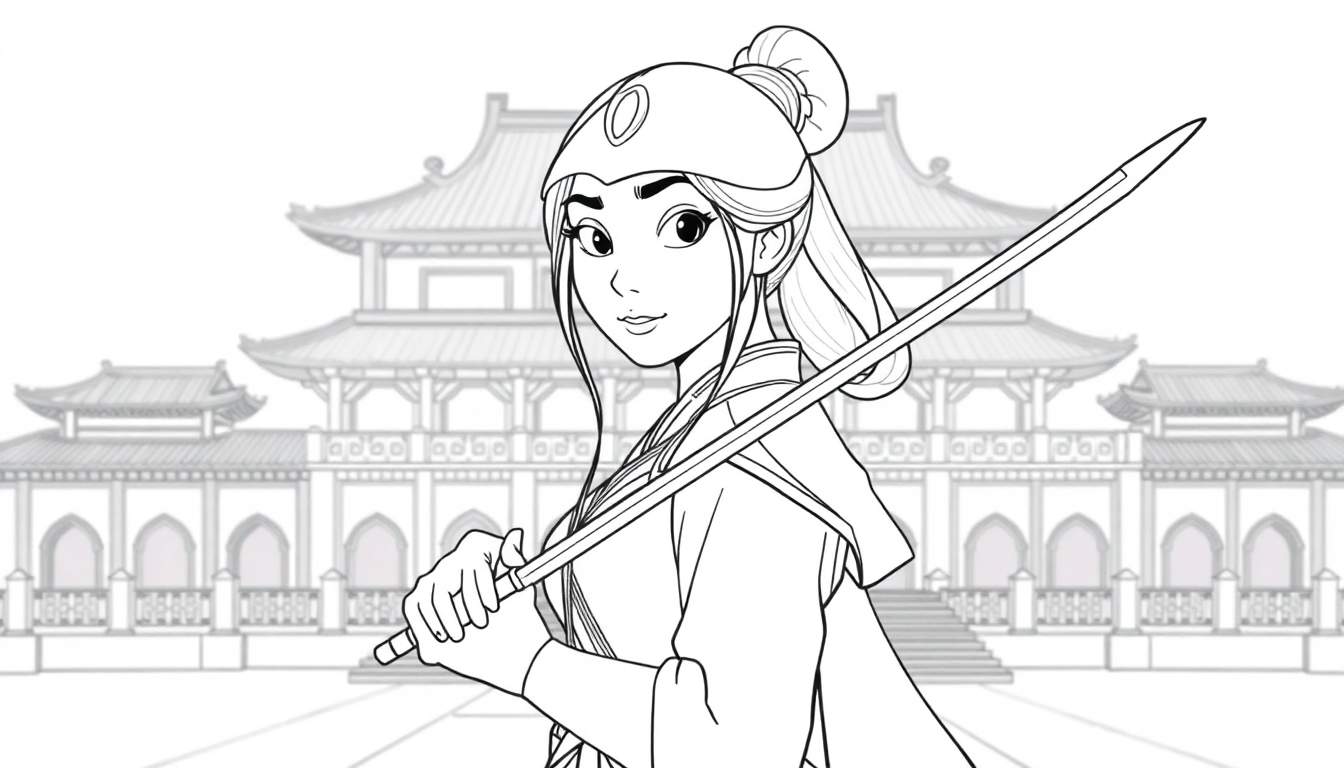 Mulan tenant une épée devant un bâtiment asiatique, dessin au trait pour colorier.