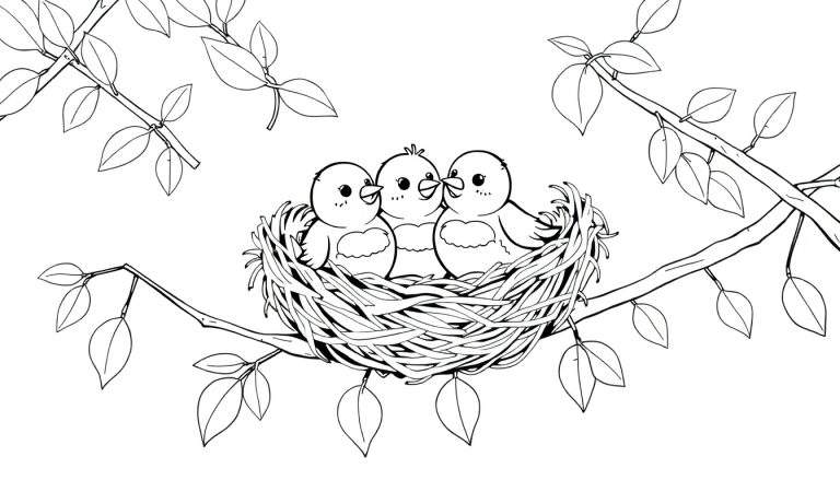 Un dessin au trait d'un nid d'oiseaux avec trois poussins dans un arbre, parfait pour le color panel.