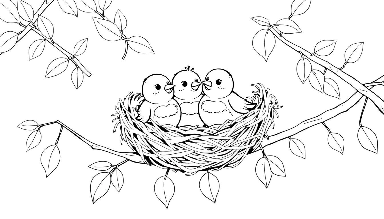 Un dessin au trait d'un nid d'oiseaux avec trois poussins dans un arbre, parfait pour le color panel.