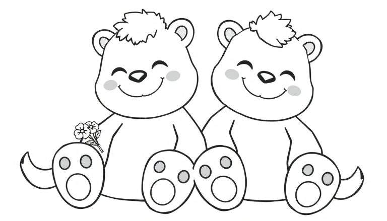 Deux ours en peluche dessinés au trait, assis côte à côte. L'ours de gauche tient un bouquet de fleurs. Les deux ours sourient joyeusement. Un color panel est caché derrière eux.