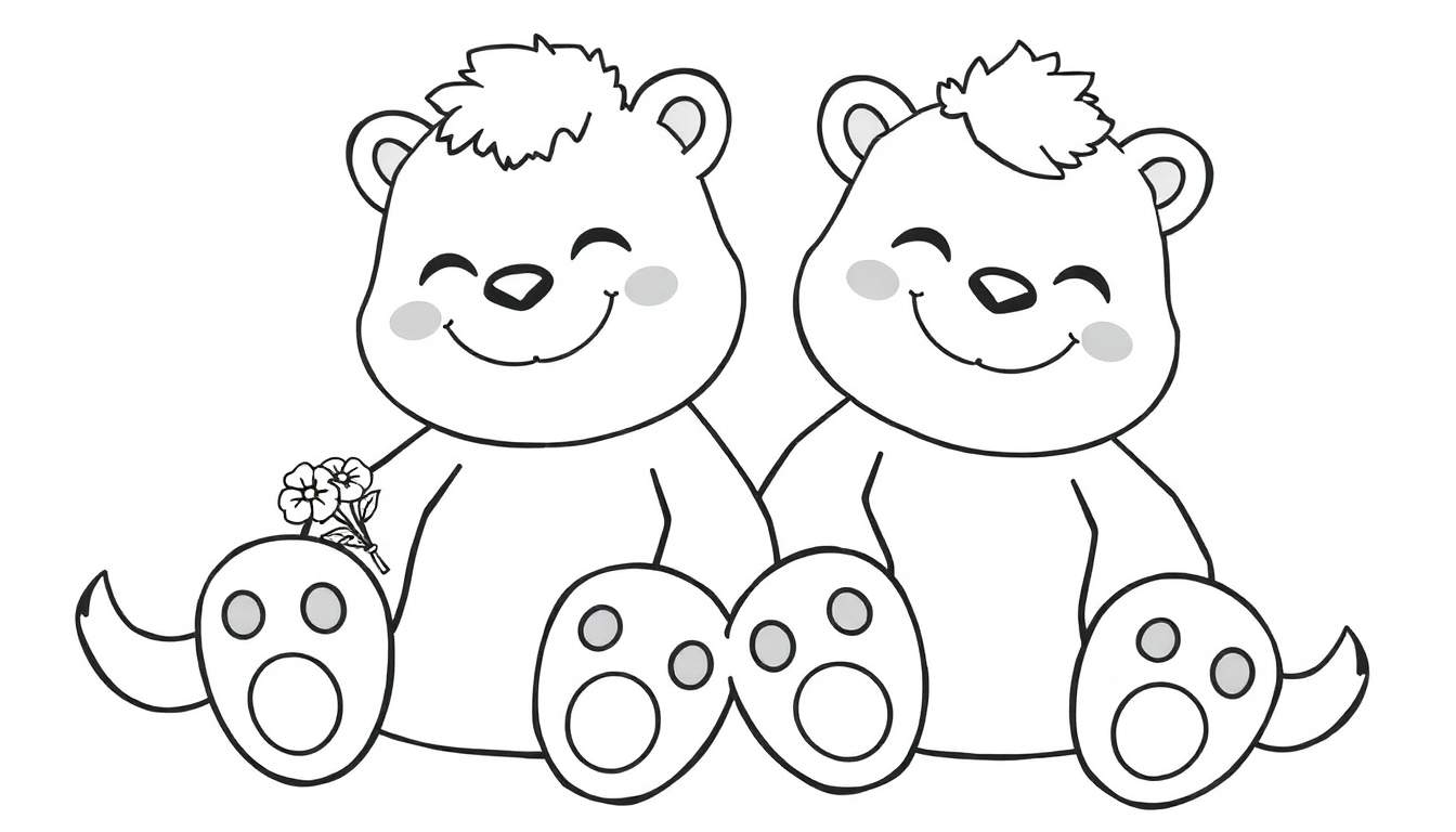 Deux ours en peluche dessinés au trait, assis côte à côte. L'ours de gauche tient un bouquet de fleurs. Les deux ours sourient joyeusement. Un color panel est caché derrière eux.