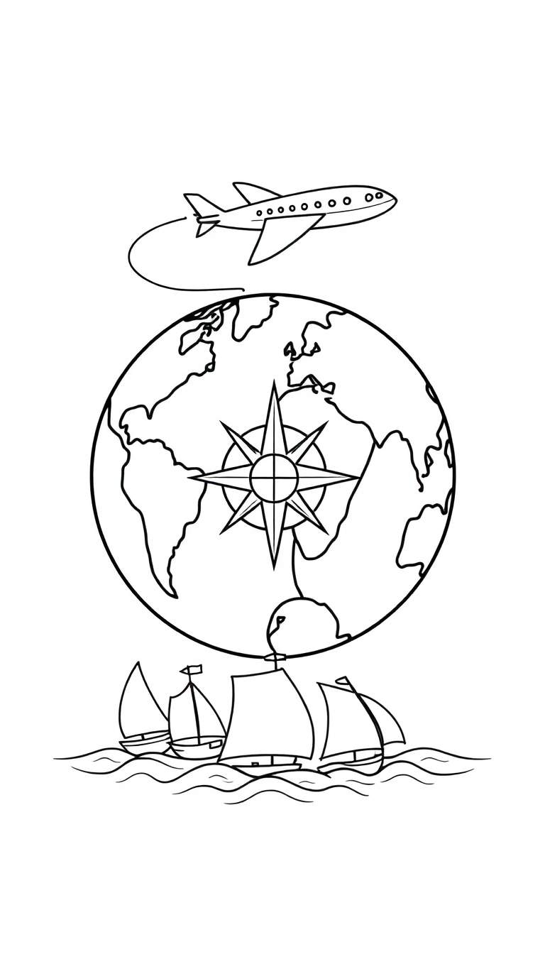 Une plaque couleur simple montrant la Terre avec une boussole, un avion et des bateaux.