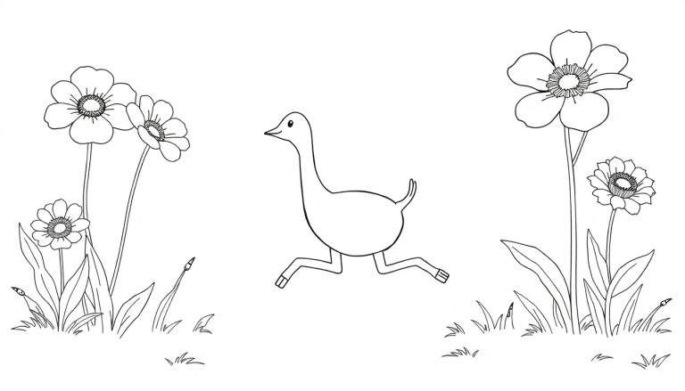 Oie stylisée courant dans un champ de fleurs, style dessin noir et blanc pour un color panel.