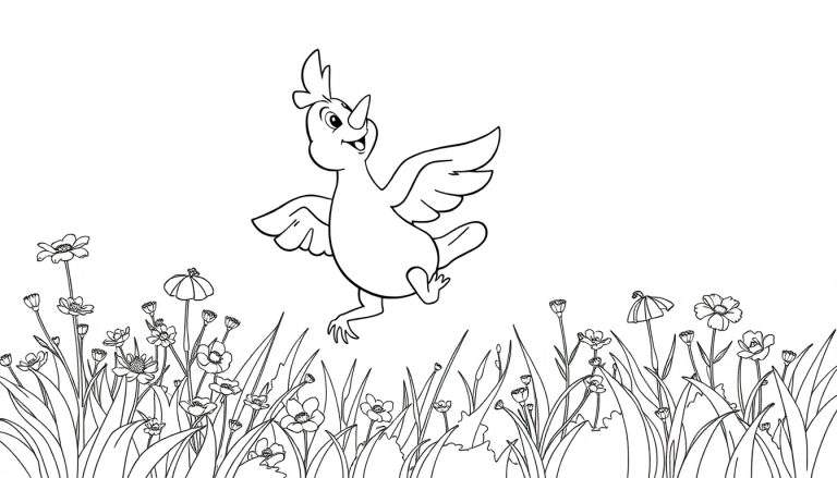 Dessin au trait noir et blanc d'un oiseau joyeux en plein vol au-dessus d'un champ de fleurs, idéal pour le coloriage.